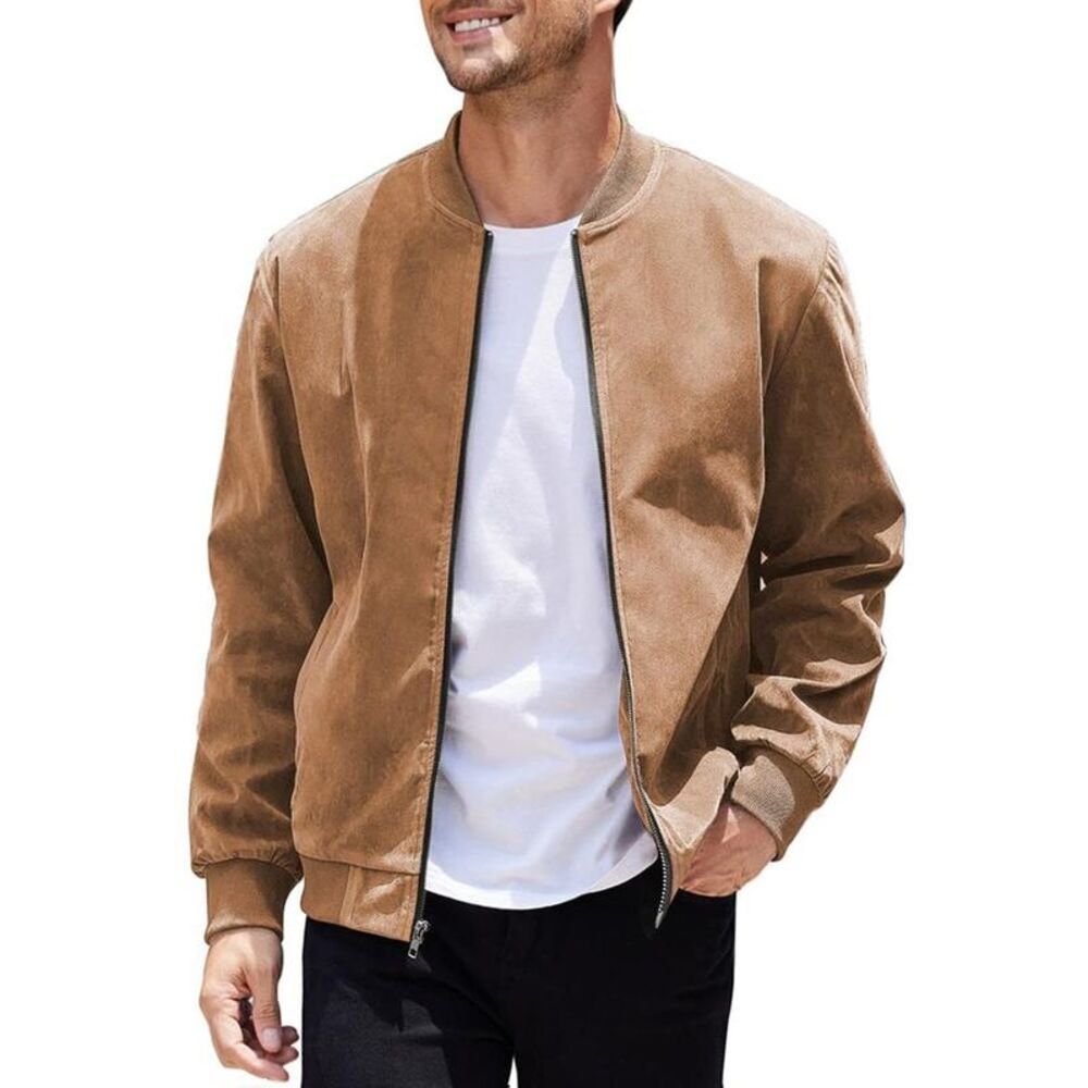 COOFANDY - Men's Casual Varsity Jacket Vintage Light Brown - Picture 9 of 11